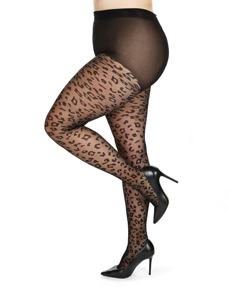 Side of a model wearing a size L-XL Leopard Print Sheer Tights in Black by Memoi. | dia_product_style_image_id:299758